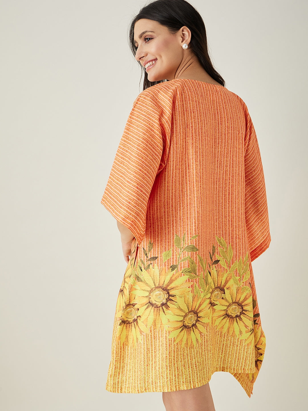 Women's Orange Sunflowr Bliss Resorty Kaftan with Keyhole Neck and Innovative one sleeve detailing