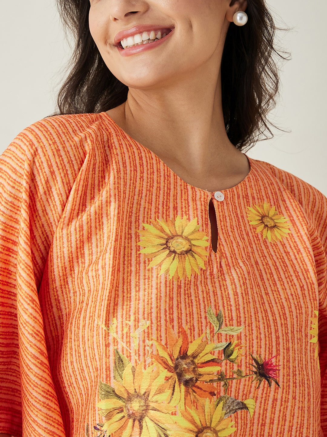 Women's Orange Sunflowr Bliss Resorty Kaftan with Keyhole Neck and Innovative one sleeve detailing