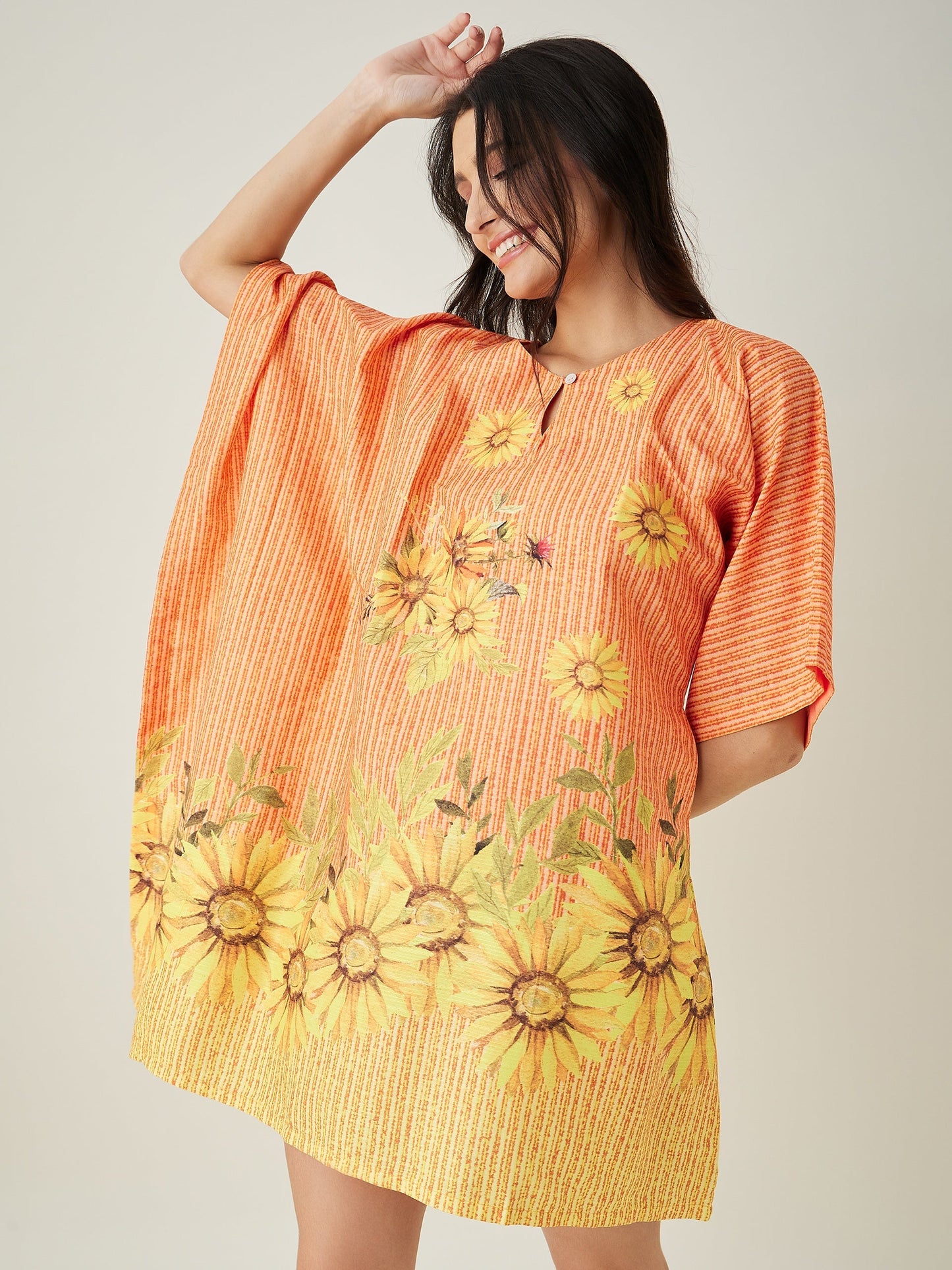 Women's Orange Sunflowr Bliss Resorty Kaftan with Keyhole Neck and Innovative one sleeve detailing