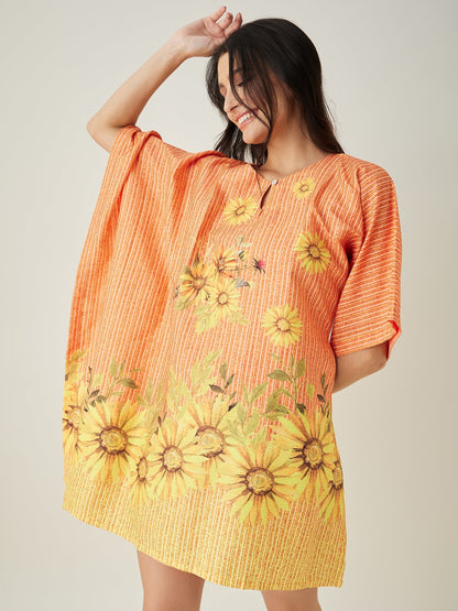 Women's Orange Sunflowr Bliss Resorty Kaftan with Keyhole Neck and Innovative one sleeve detailing