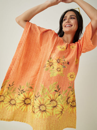 Women's Orange Sunflowr Bliss Resorty Kaftan with Keyhole Neck and Innovative one sleeve detailing