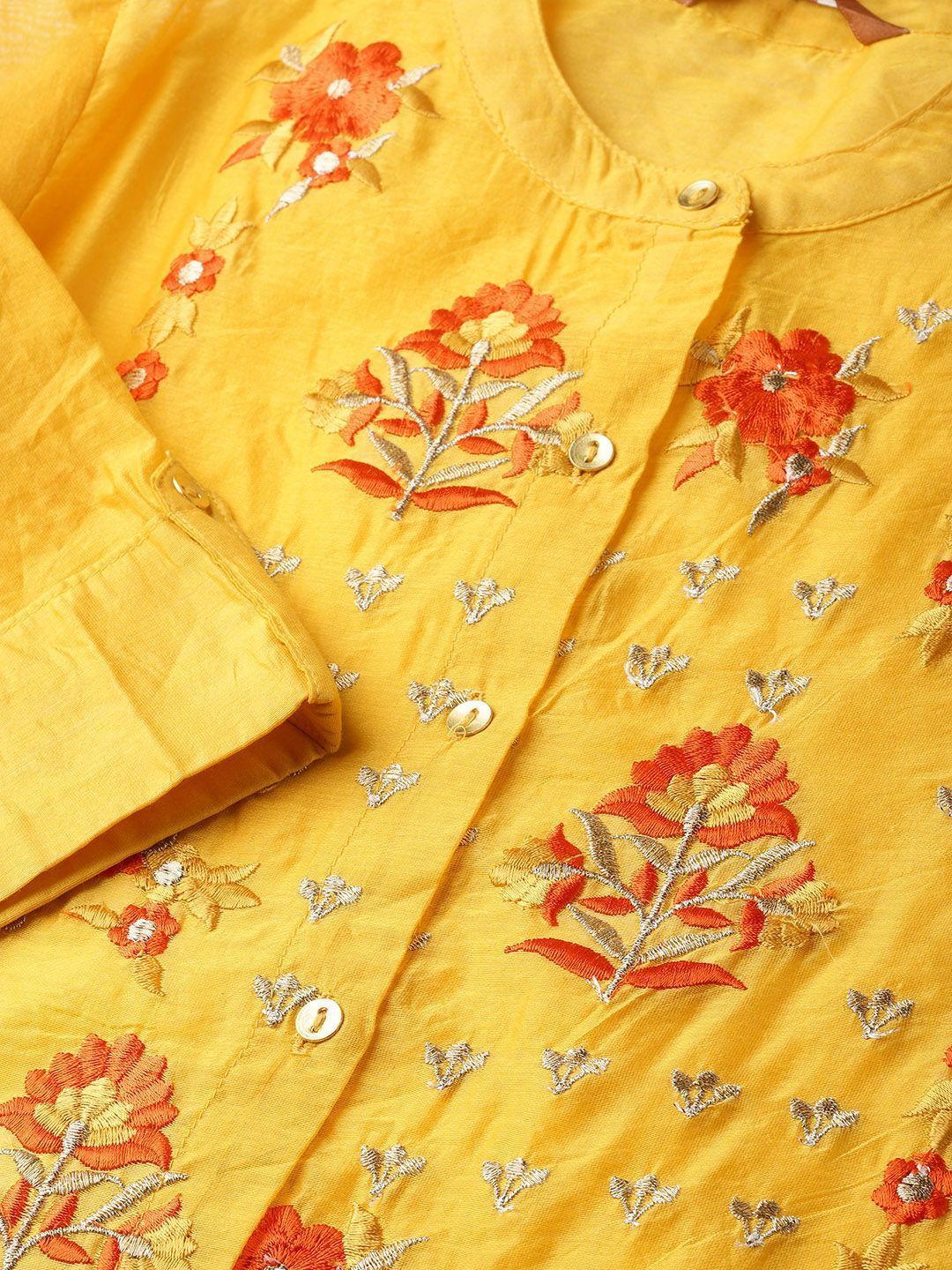 Women's Mustard Chanderi Embroidered 2 Piece Kurta Dress