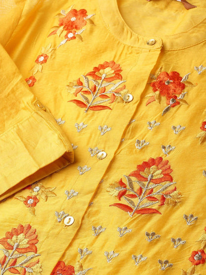 Women's Mustard Chanderi Embroidered 2 Piece Kurta Dress