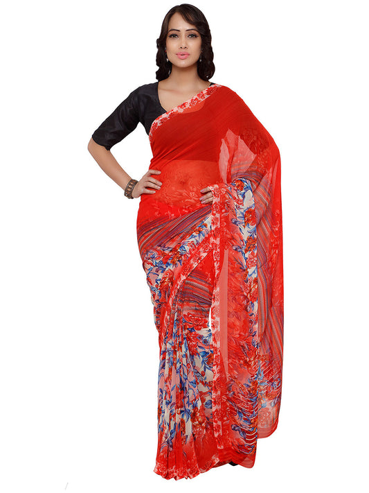 Women's Orange Georgette Printed Saree