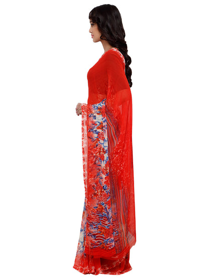 Women's Orange Georgette Printed Saree
