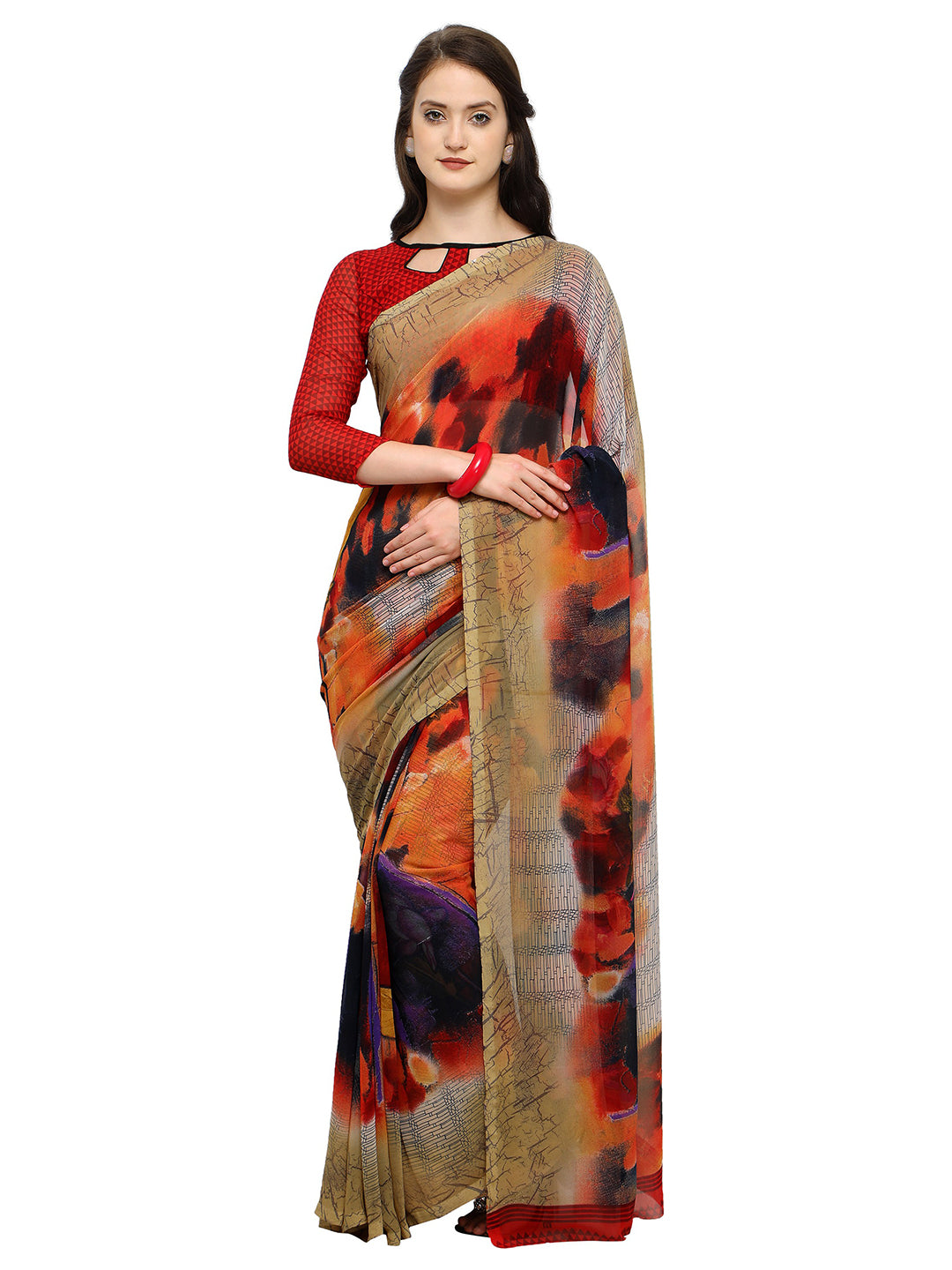 Women's Beige Georgette Dyed Saree