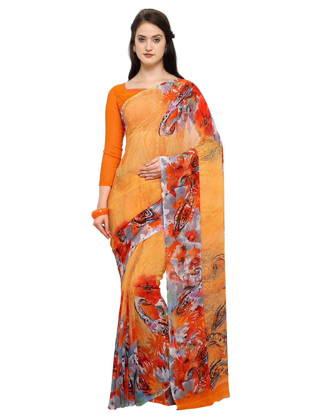 Women's Orange Georgette Printed Saree
