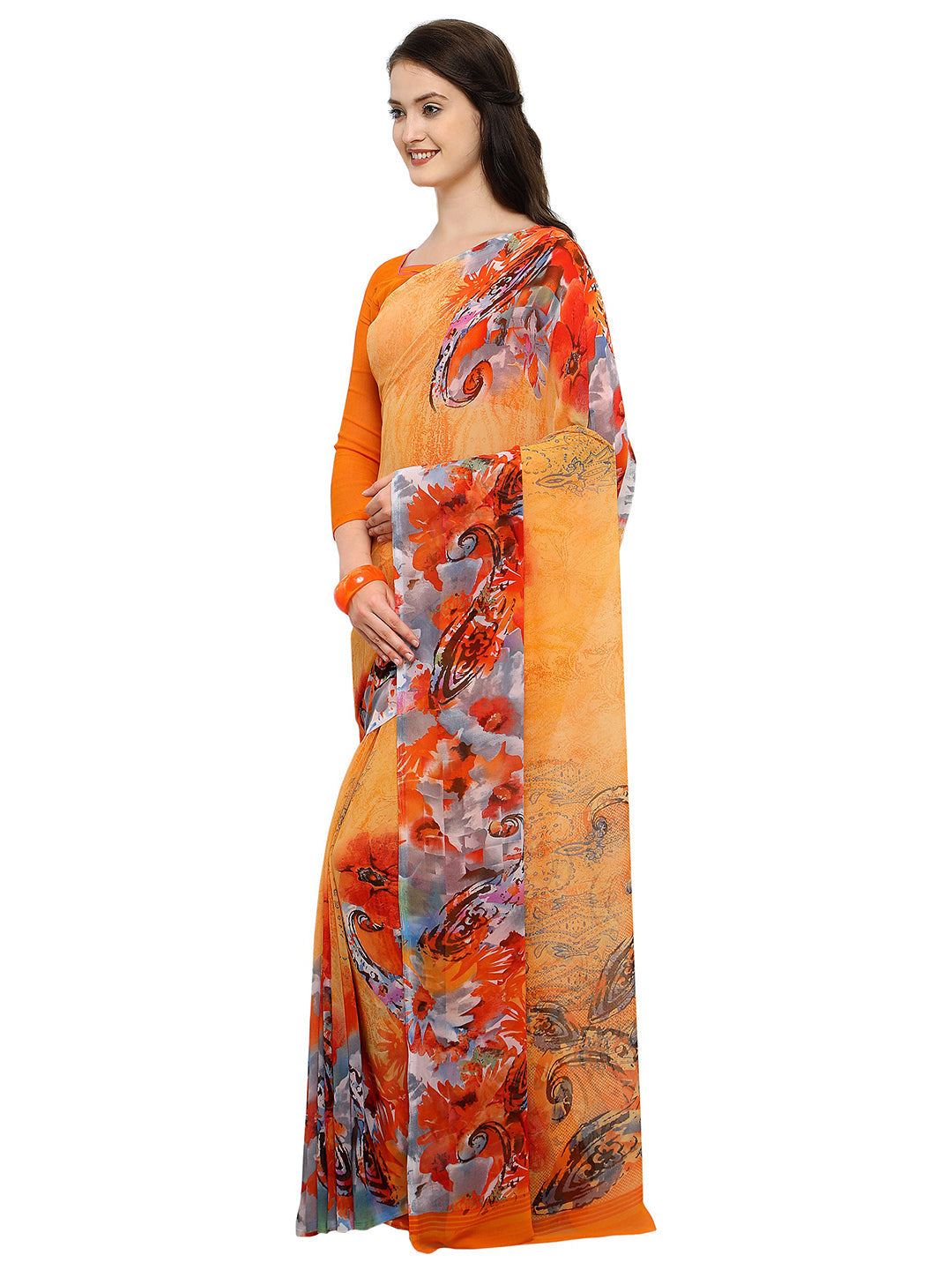 Women's Orange Georgette Printed Saree
