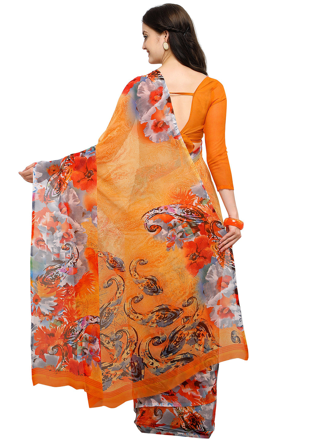 Women's Orange Georgette Printed Saree