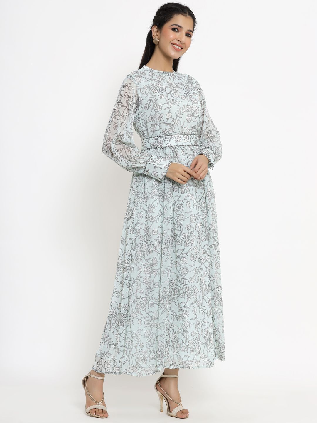 Women's Sagegreen Alphin Chiffon Flared Printed Dress With Tie-up Blet