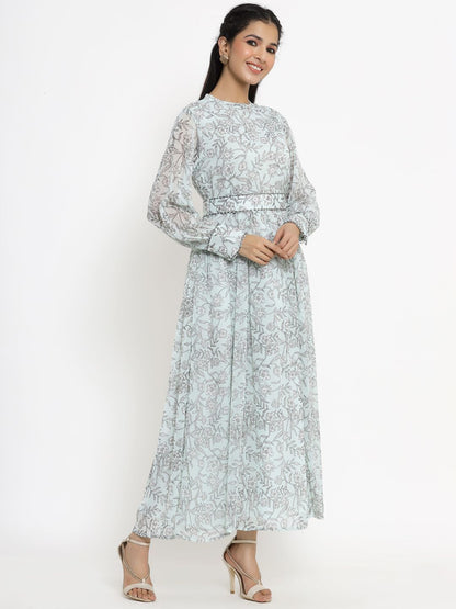 Women's Sagegreen Alphin Chiffon Flared Printed Dress With Tie-up Blet