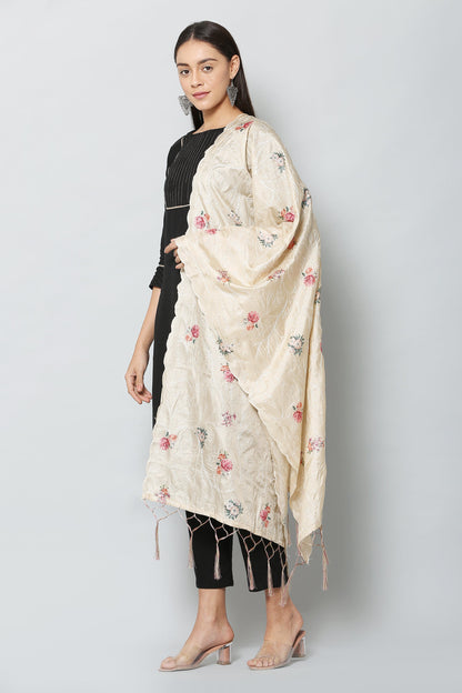 Women's Fown Color Art Silk Embroidery and Digital Printed Dupatta