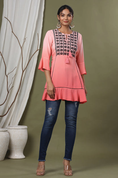 Women's  Peach Rayon Festive Embroidered Tiered Tunic For Women