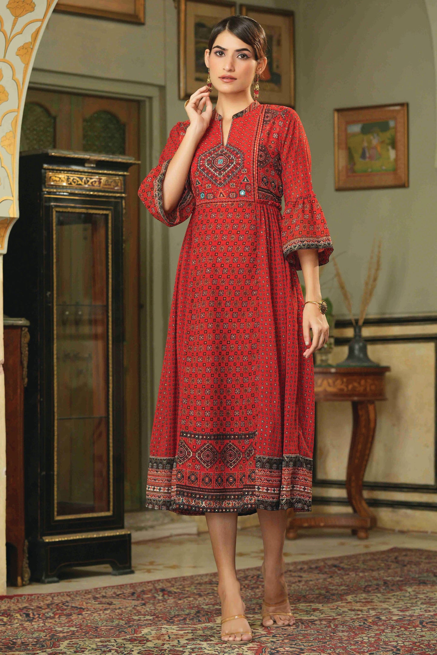 Women's  Red Georgette Festive Printed Flared Dress For Women