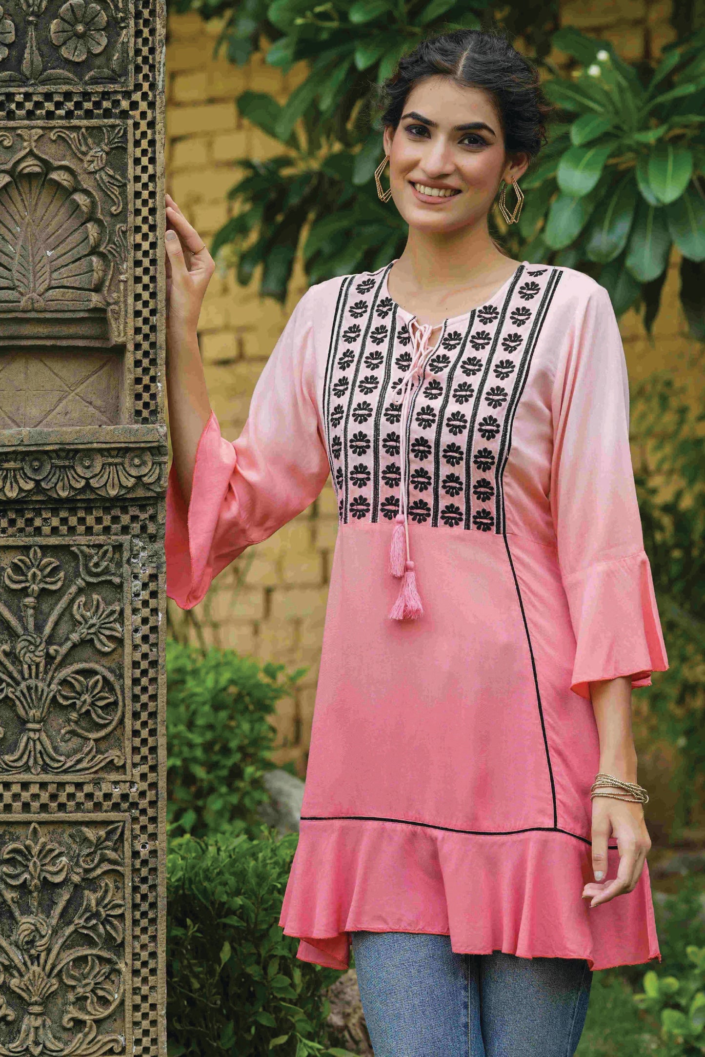 Women's  Peach Rayon Festive Embroidered Tiered Tunic For Women