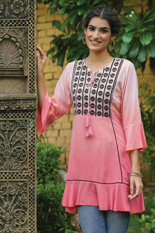 Women's  Peach Rayon Festive Embroidered Tiered Tunic For Women