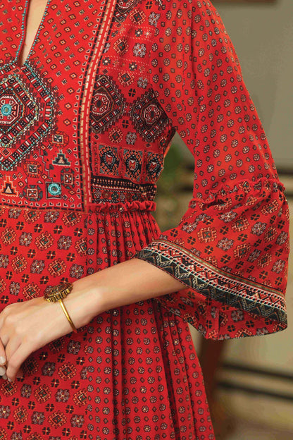 Women's  Red Georgette Festive Printed Flared Dress For Women