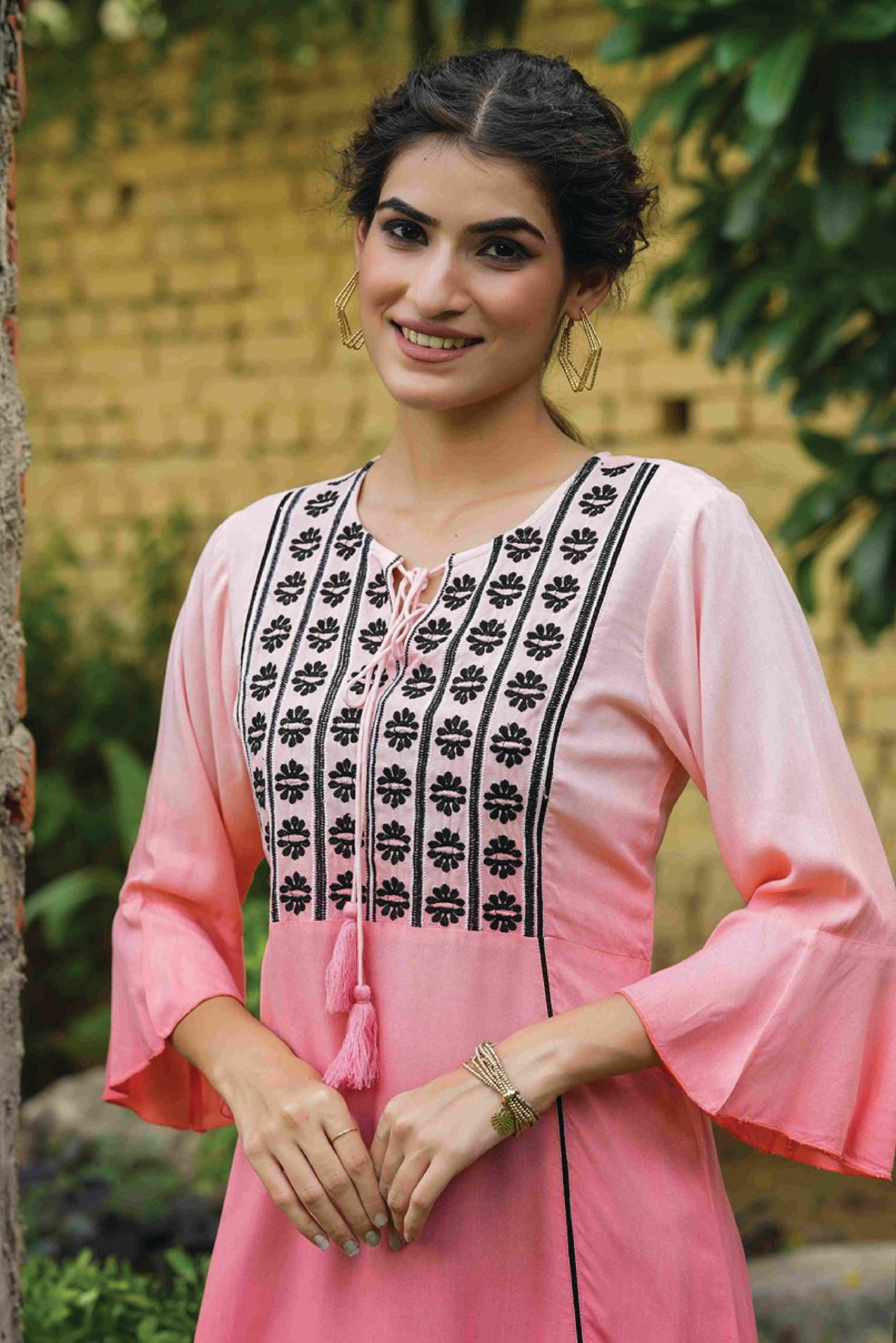 Women's  Peach Rayon Festive Embroidered Tiered Tunic For Women