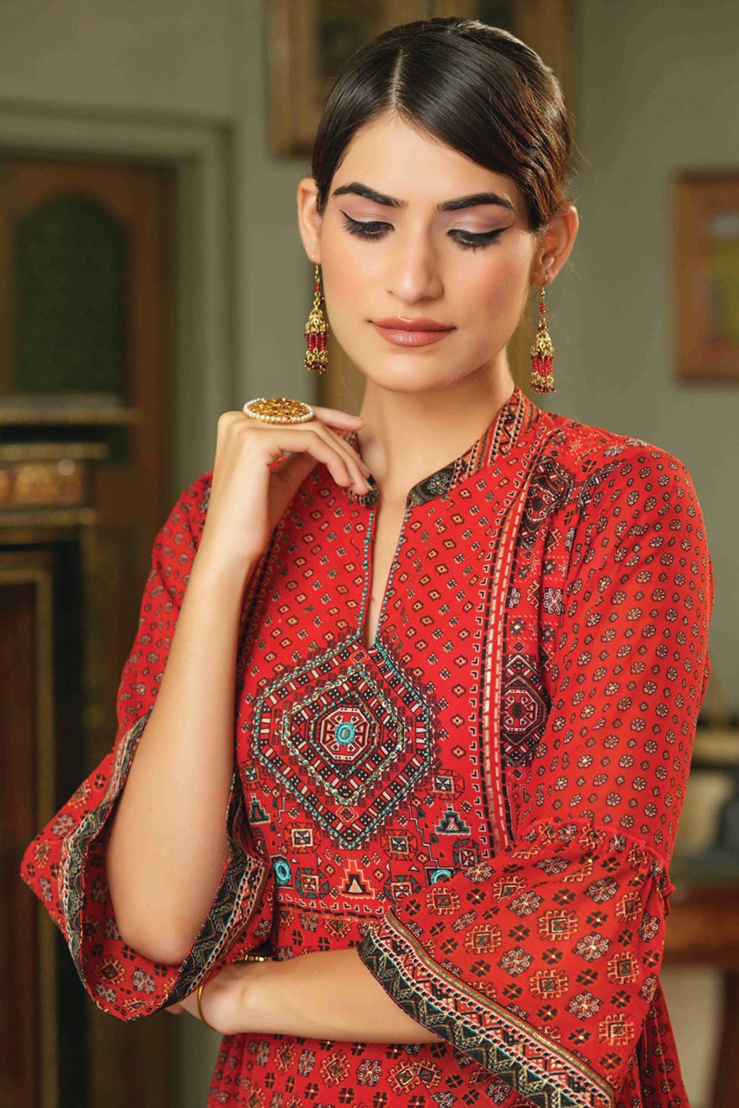 Women's  Red Georgette Festive Printed Flared Dress For Women
