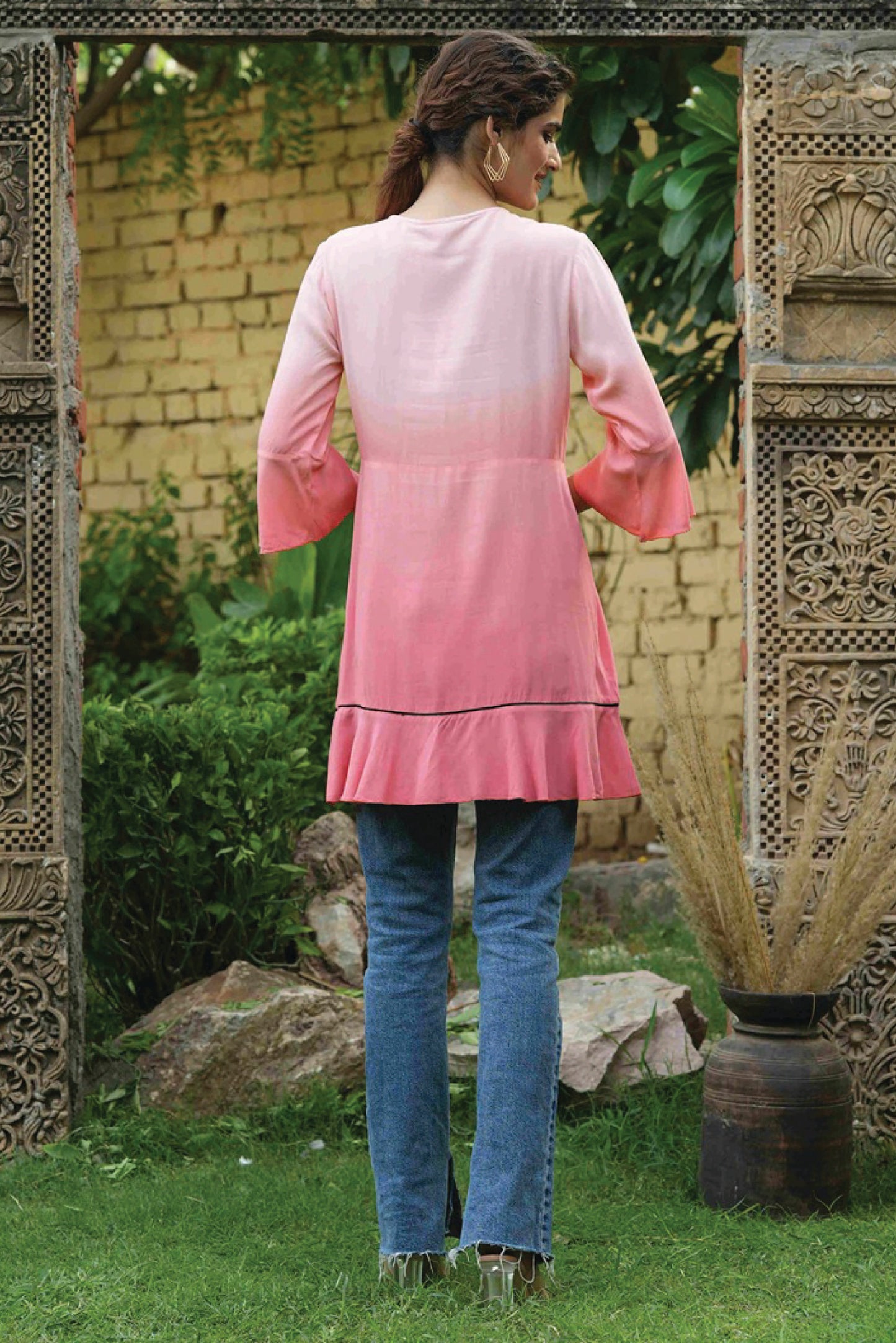 Women's  Peach Rayon Festive Embroidered Tiered Tunic For Women