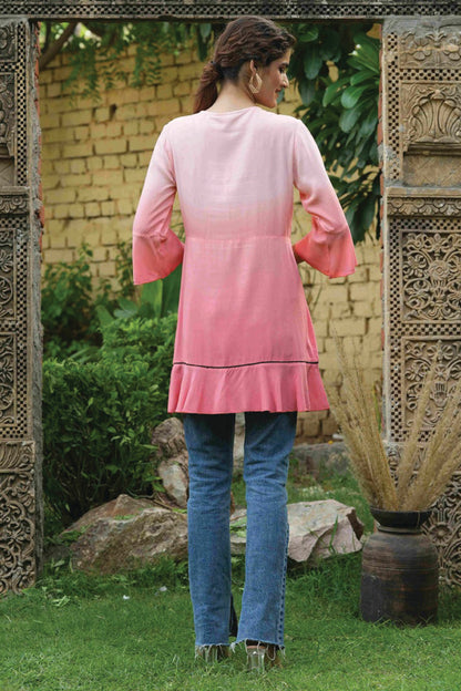 Women's  Peach Rayon Festive Embroidered Tiered Tunic For Women