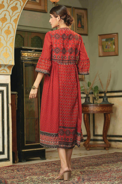 Women's  Red Georgette Festive Printed Flared Dress For Women