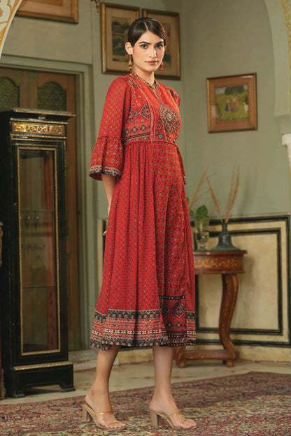 Women's  Red Georgette Festive Printed Flared Dress For Women