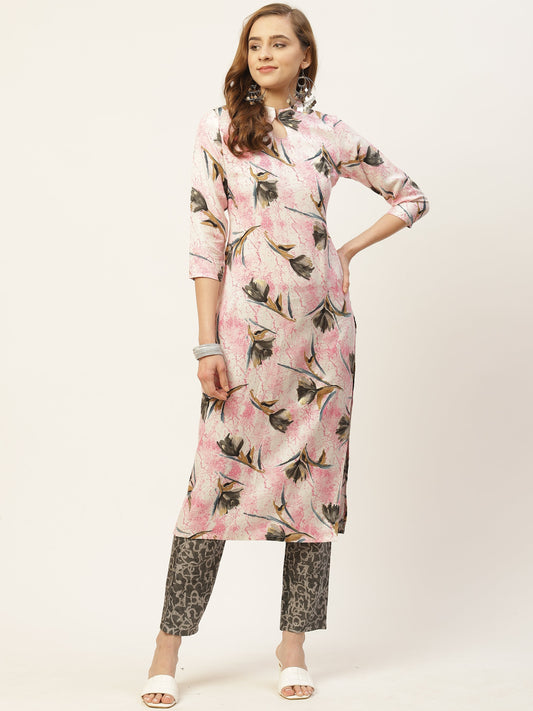 Women's Pink Color Rayon Blend Straight Foil Printed Kurta Palazzo Set