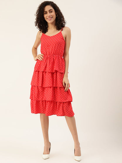 Women's Red Color Chiffon Self Design A-Line Layered Dress