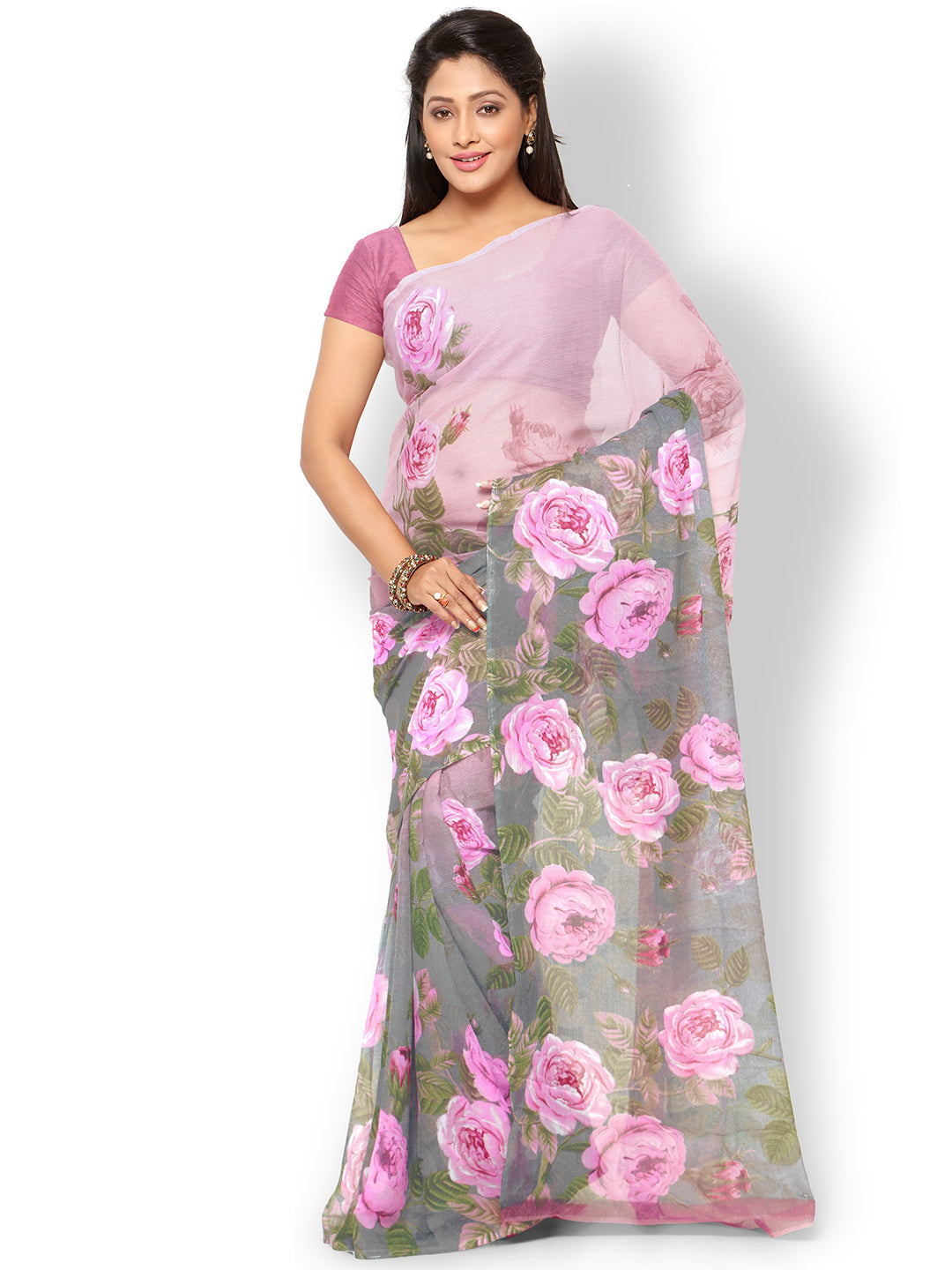 Women's Pink Chiffon Printed Saree