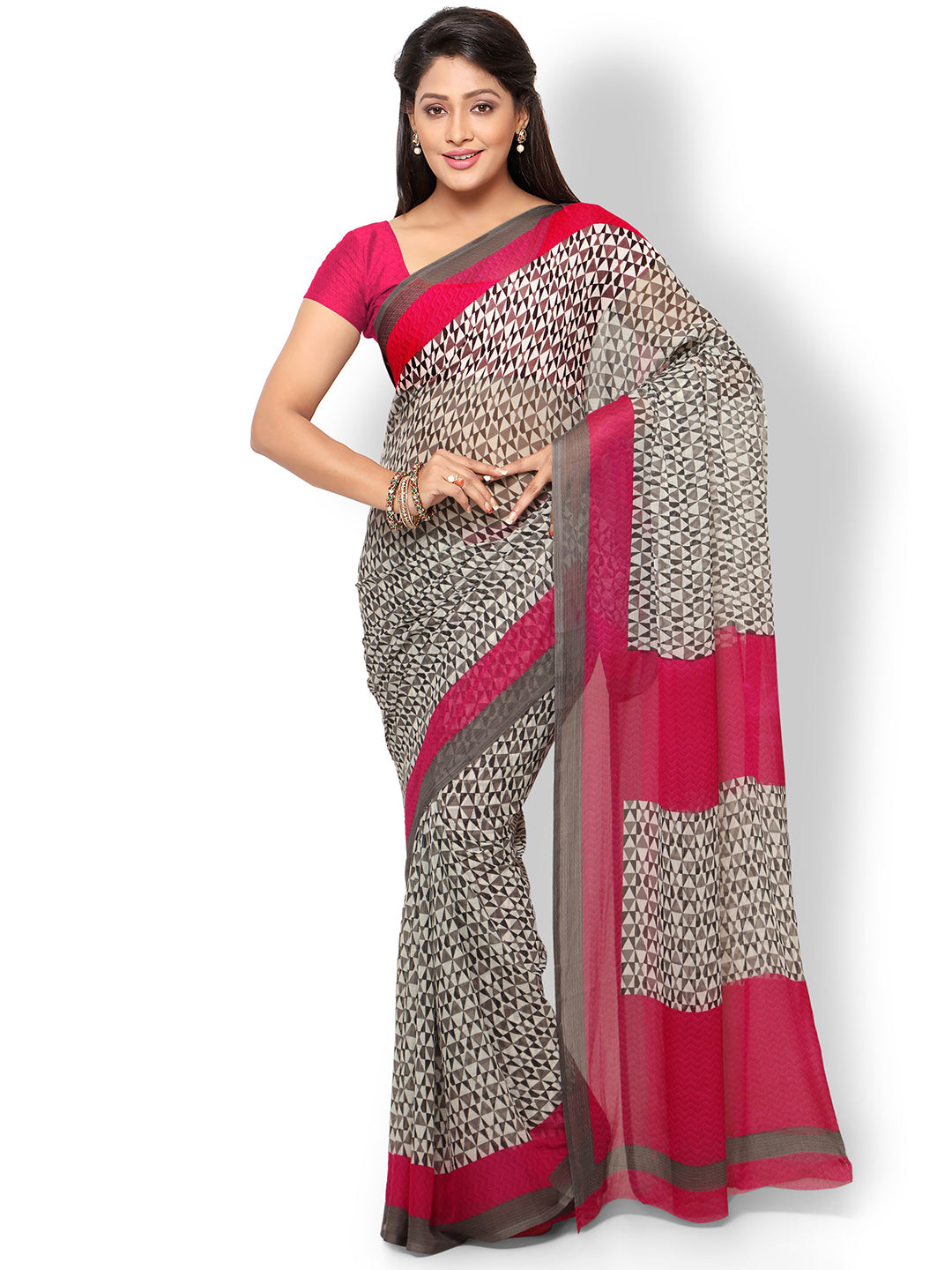 Women's Pink Chiffon Printed Saree