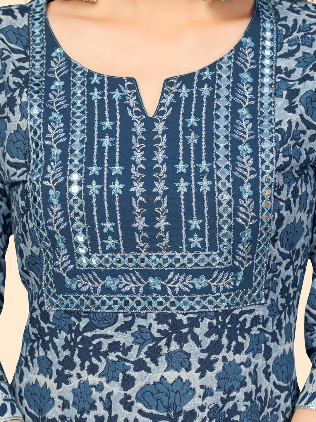 Women's Print & Embroidered Straight Cotton Blue Stitched Kurta Pant With Dupatta