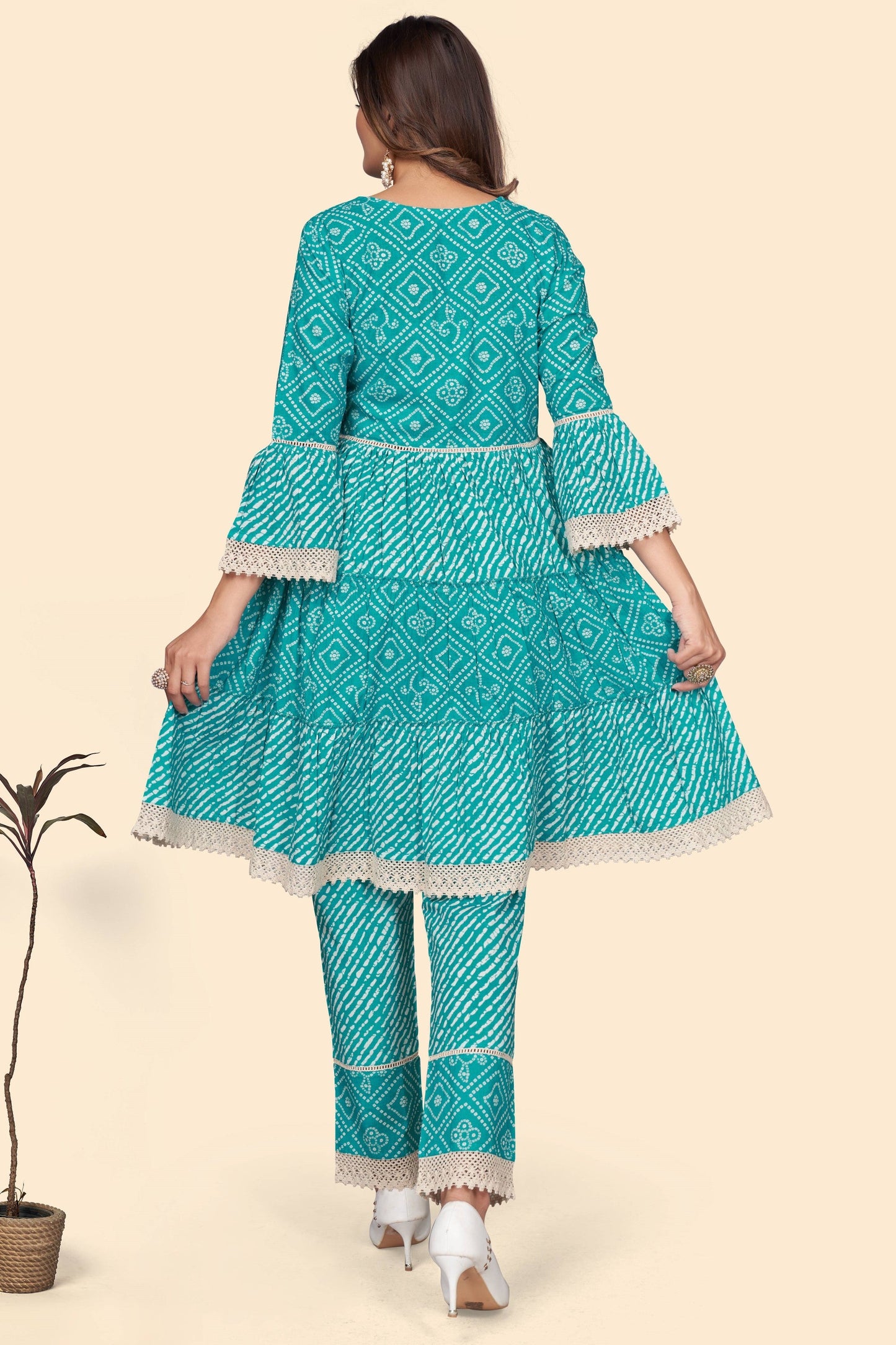 Women's Bandhani Print & Embroidered Flared Cotton Sky Blue Stitched Top With Pant