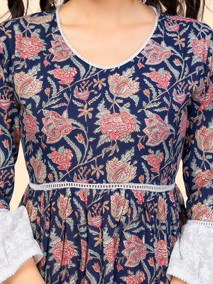 Women's Floral Print Flared Cotton Blue Stitched Dress