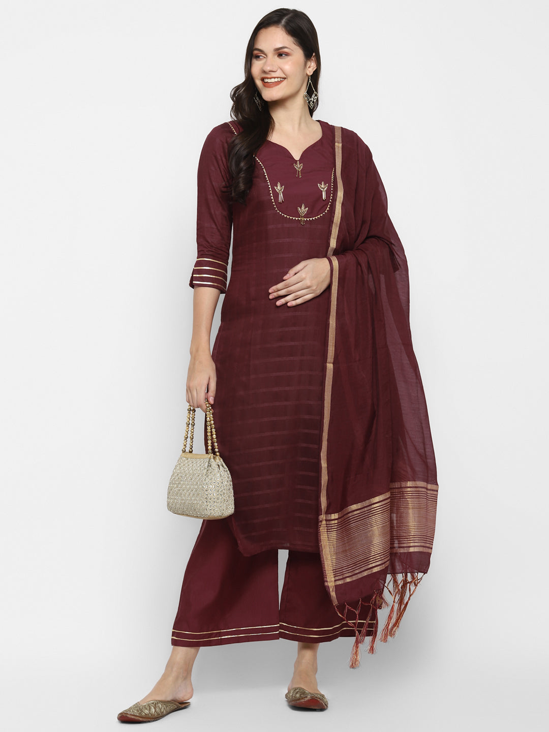 Women's Maroon Color Chanderi Silk Embroidered Straight Kurta Palazzo With Dupatta