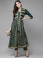 Women's Jade Green Rayon Slub Printed Jacket Style Kurta With Pants