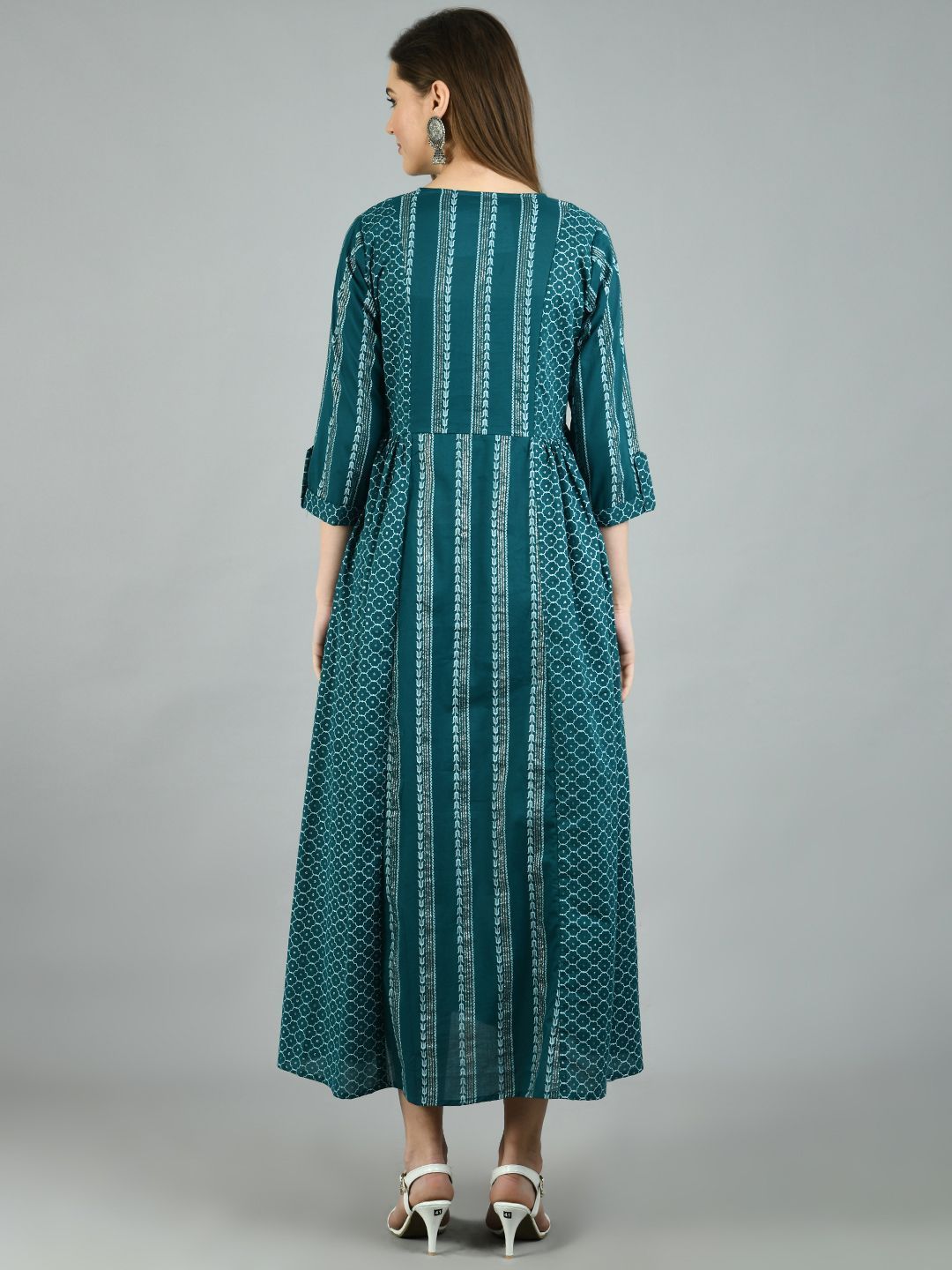 Women's Green Cotton Printed 3/4 Sleeve Round Neck Casual Dress