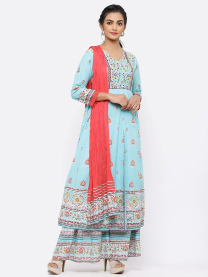 Women's Blue Cambric Printed Anarkali Kurta With Dupatta