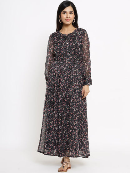 Women's Navy Chiffon Flared Printed Dress With Tie-up Blet