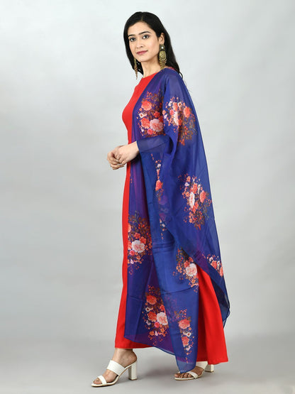 Women's Red Cotton Solid Sleeveless Round Neck Casual Kurta Dupatta Set