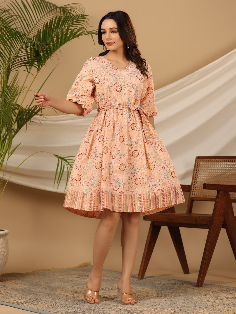 Women's Peach Cotton Cambric Printed Dress