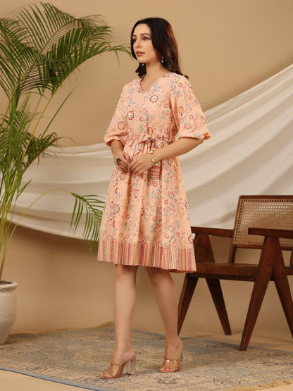 Women's Peach Cotton Cambric Printed Dress