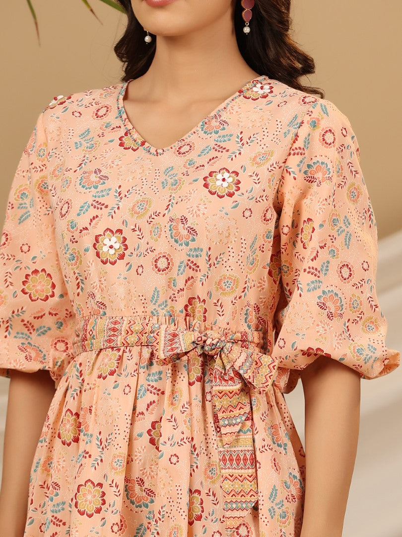 Women's Peach Cotton Cambric Printed Dress