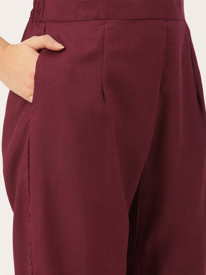 Women's Wine Cotton Blend Panelled Printed Straight Kurta Trouser Set With Dupatta