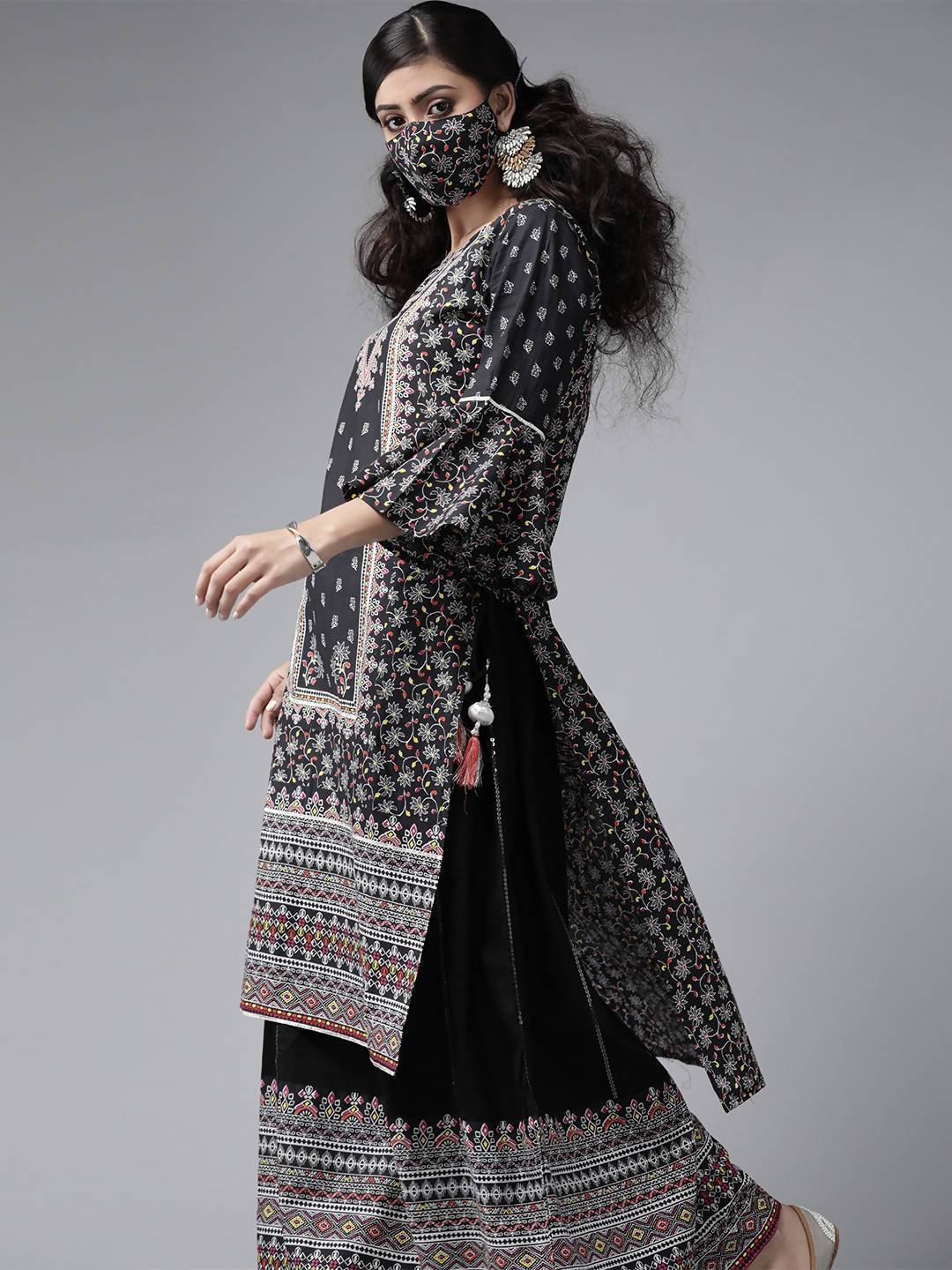 Women's Black Cambric Floral Print High-Low Kurta Palazzo Set With Mask