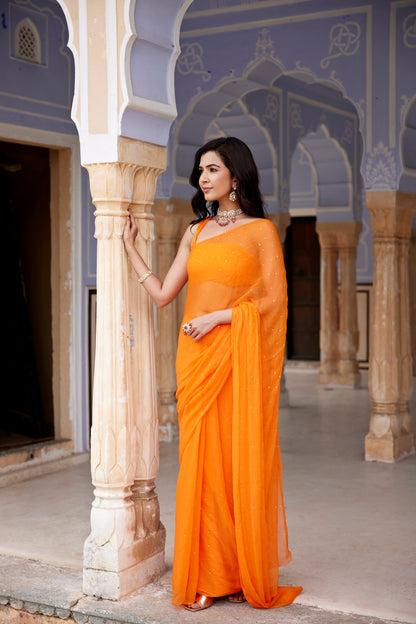Women's Orange Hand Embroidered Mukaish Chiffon Saree