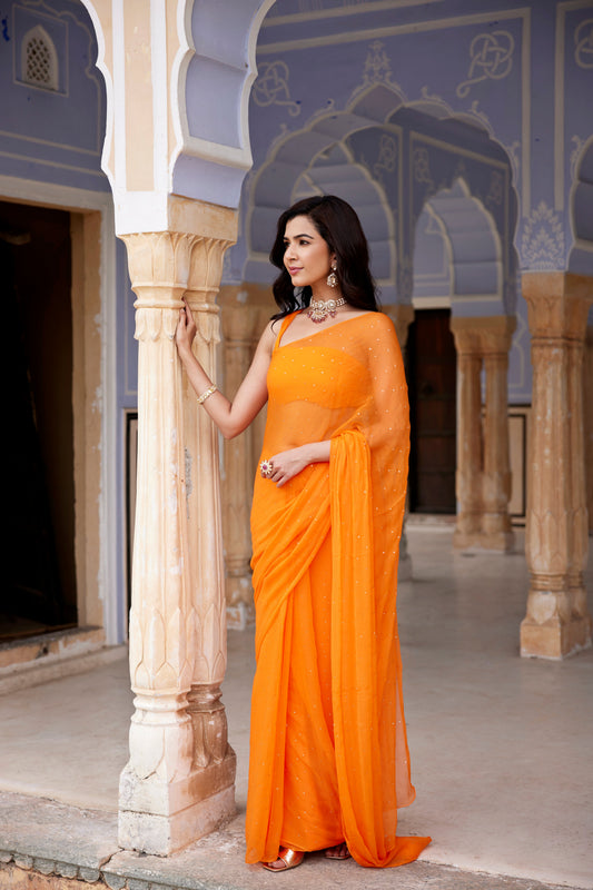 Women's Orange Hand Embroidered Mukaish Chiffon Saree