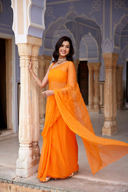 Women's Orange Hand Embroidered Mukaish Chiffon Saree