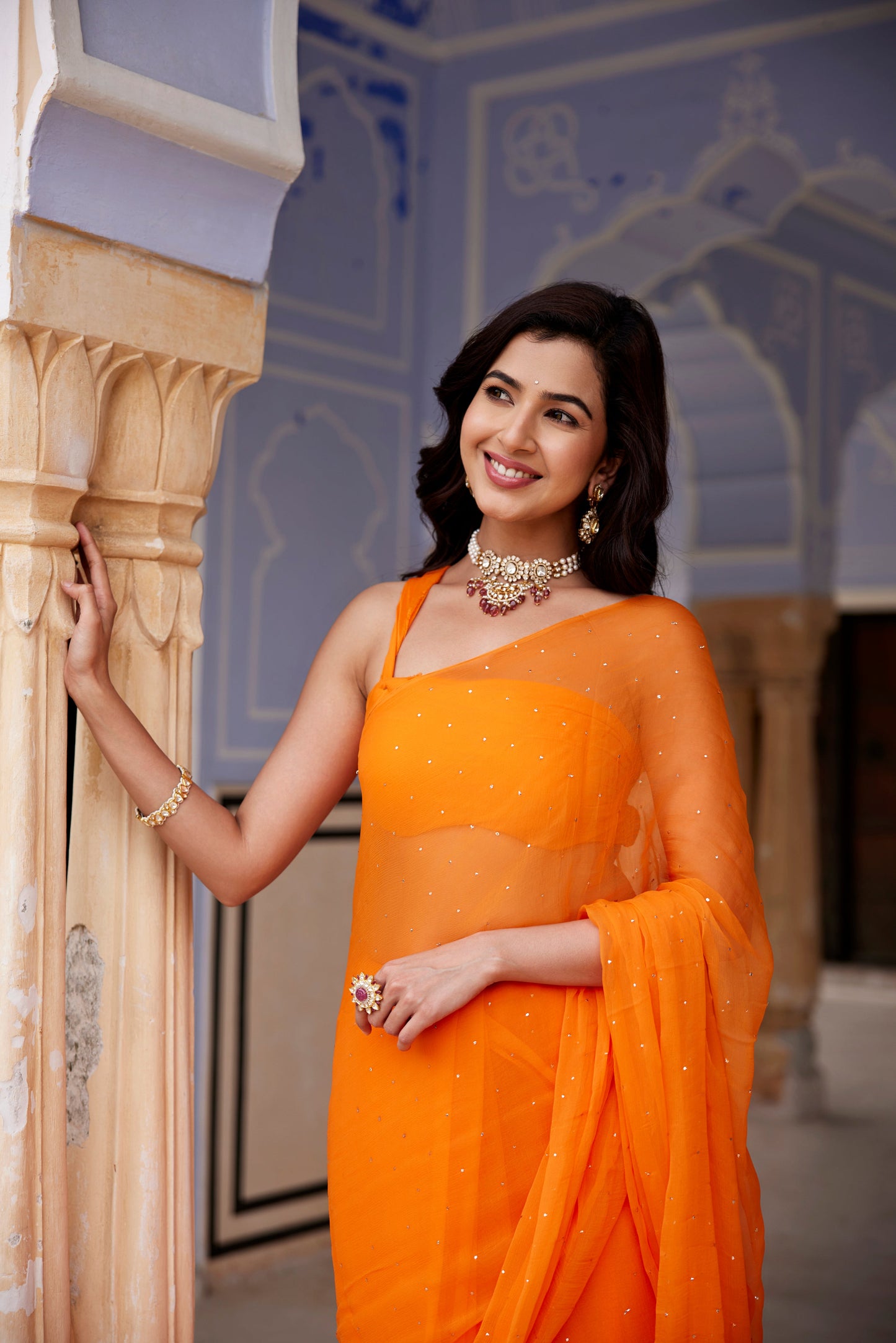 Women's Orange Hand Embroidered Mukaish Chiffon Saree