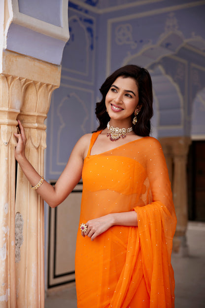 Women's Orange Hand Embroidered Mukaish Chiffon Saree